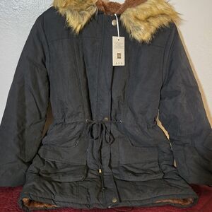 Grace Karin Black Utility Parka Jacket with Faux Fur Trim L/XL